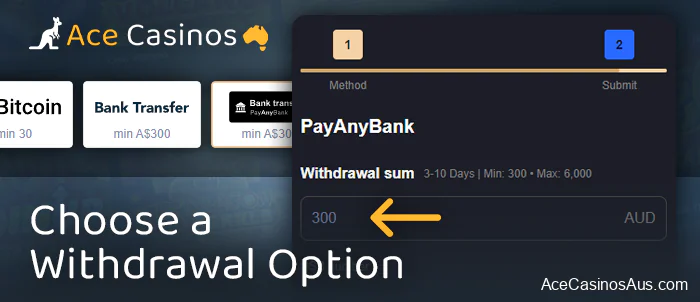 Choose withdrawal method and enter amount at online casino