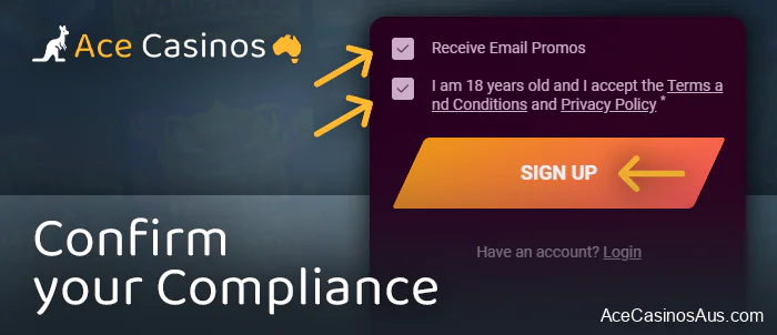Accept the terms and conditions when signing up for an account at an Australian online casino