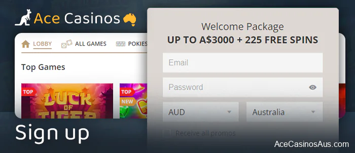 Create a new casino account with welcome bonus for Aussies