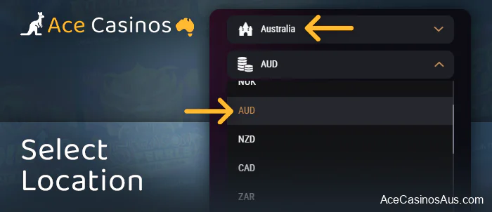 Select country and AUD currency when creating a King Billy Casino account