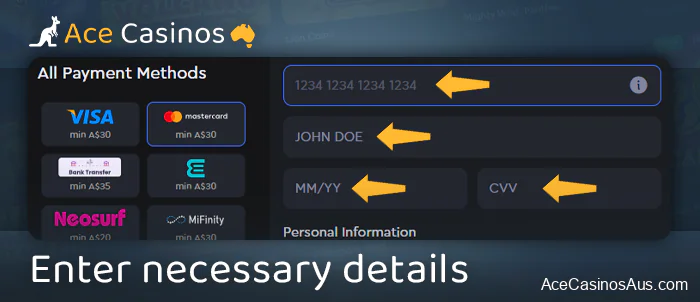 Enter MasterCard details to deposit at an online casino