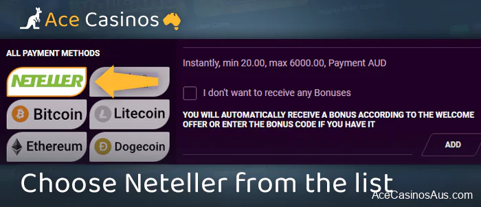 Click on Neteller payment method at AU Casino