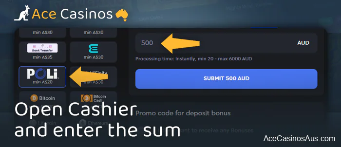 Enter the amount to deposit via POLi payment in online casino