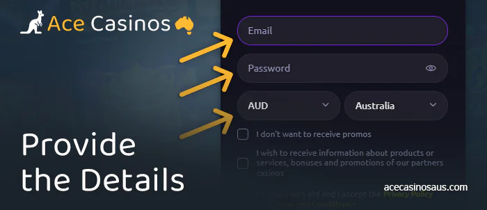 Enter email and password with AU currency during Queenspins Casino registration