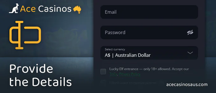 Enter your details to create an account at Lucky Elf Casino Australia